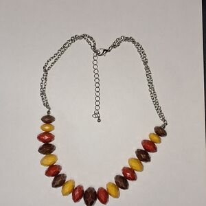 Faceted Autumn Color Bead Bib Necklace w/ Double Chain (Silvertone)